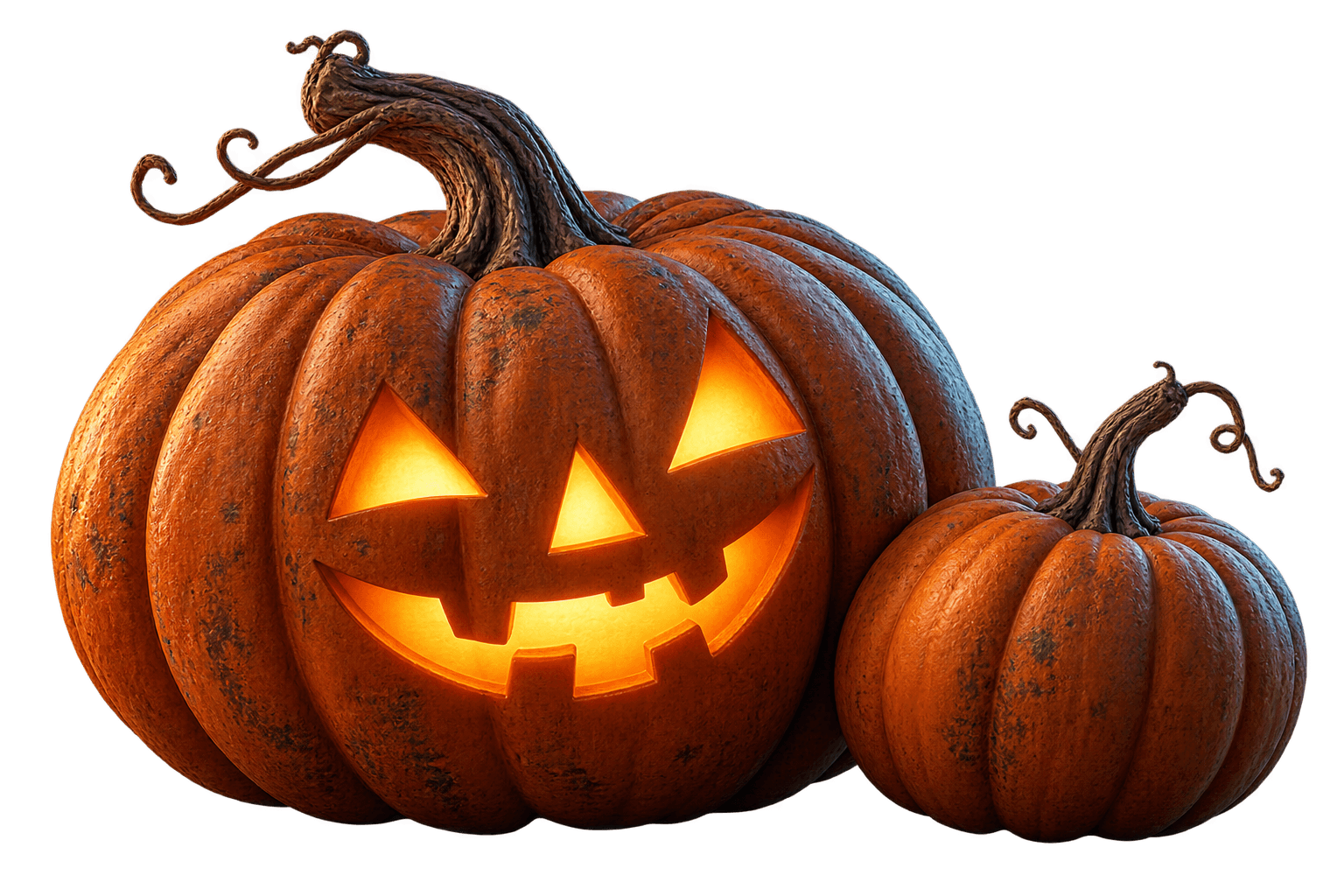 Two Halloween pumpkins, one with a glowing mischievous grin